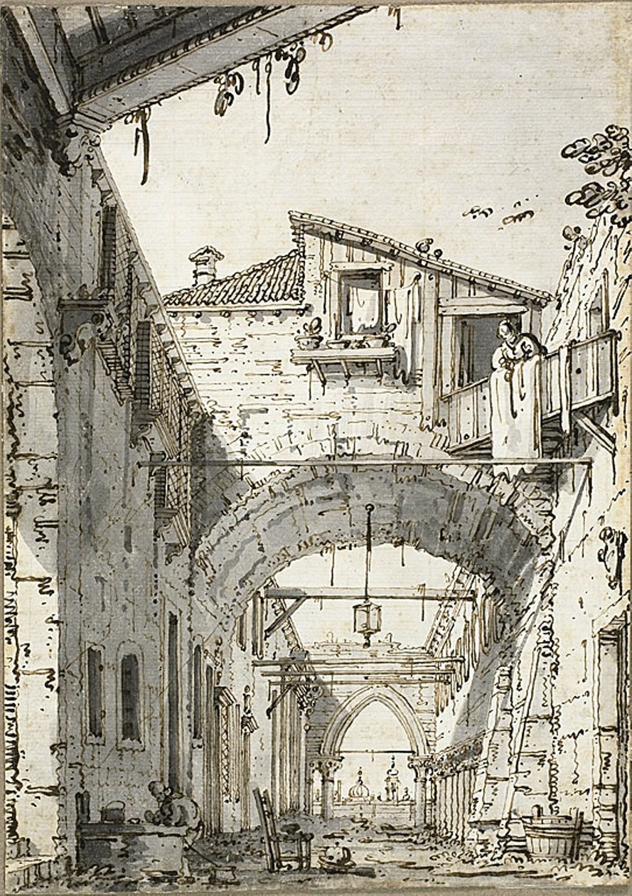 Capriccio: Ulice protnutá oblouky (recto) Náčrtky dveří, schodiště a druhého patra budovy (verze) od Canaletto