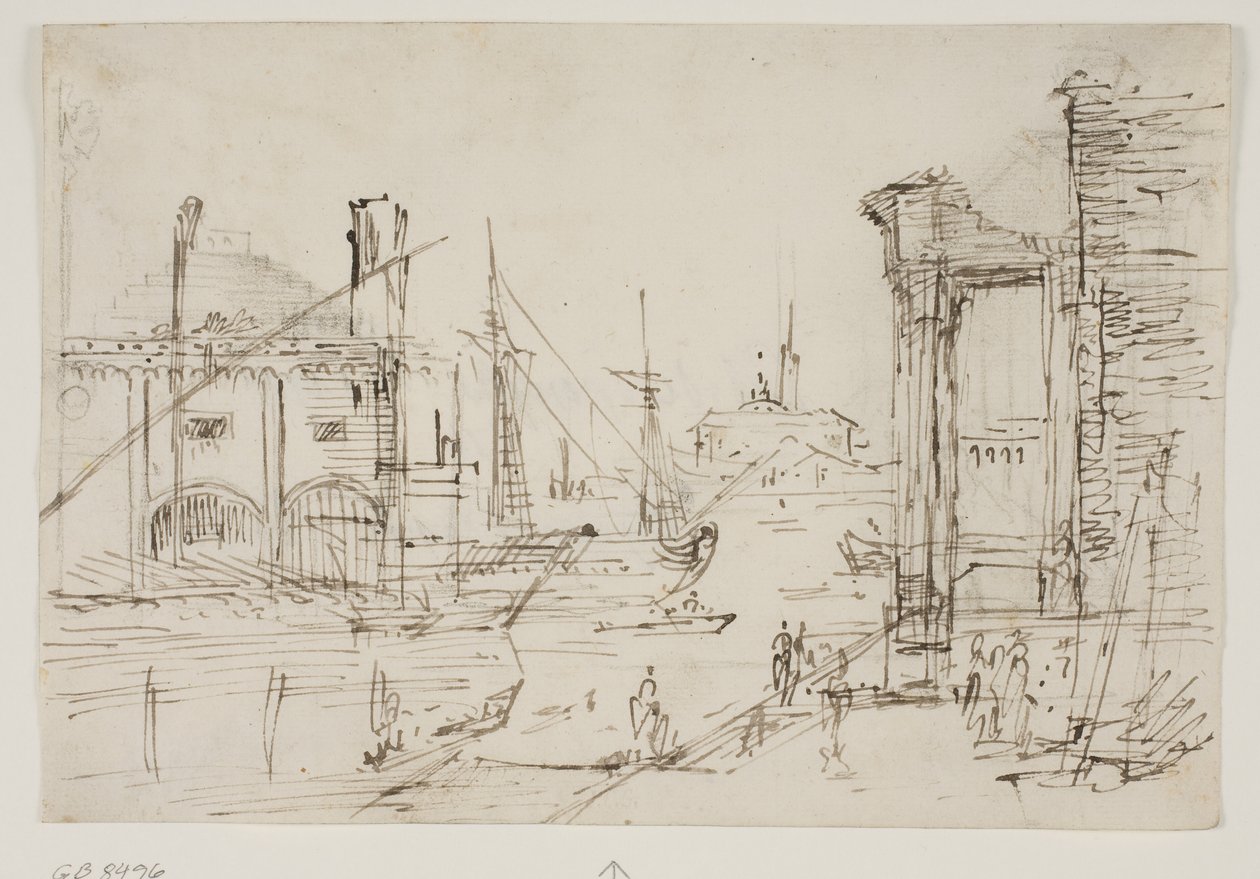 Capriccio s klasickými ruinami na nábřeží, loděnice, dvě galéry, dva stěžně plachetnice za nimi, klenutý kostel v pozadí od Canaletto