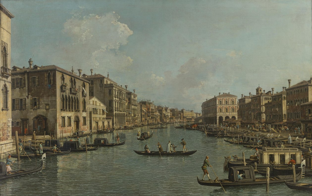 Německy: Der Canal Grande mit Blick in südöstlicher Richtung auf die Rialtobrücke Canal Grande s výhledem na jihovýchod k mostu Rialto od Canaletto