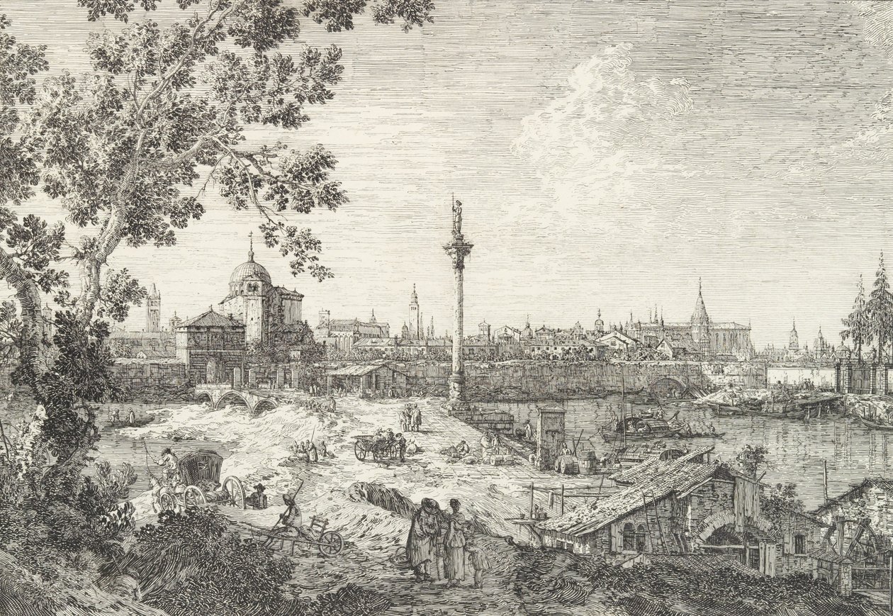 Imaginární pohled na Padovu se zvonicí a kupolovým kostelem vlevo, sloup překonaný..., 1735-46. od Canaletto
