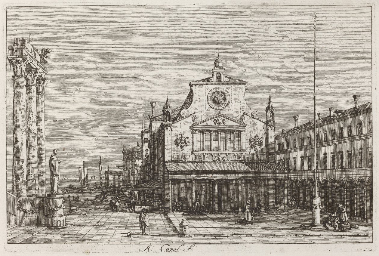Imaginární pohled na S. Giacomo di Rialto [vpravo nahoře] od Canaletto