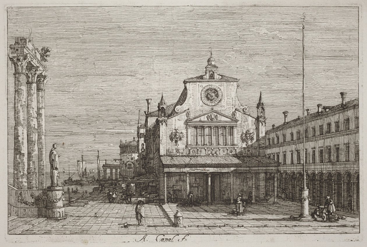 Imaginární pohled na kostel S. Giacomo di Rialto [vpravo nahoře] od Canaletto
