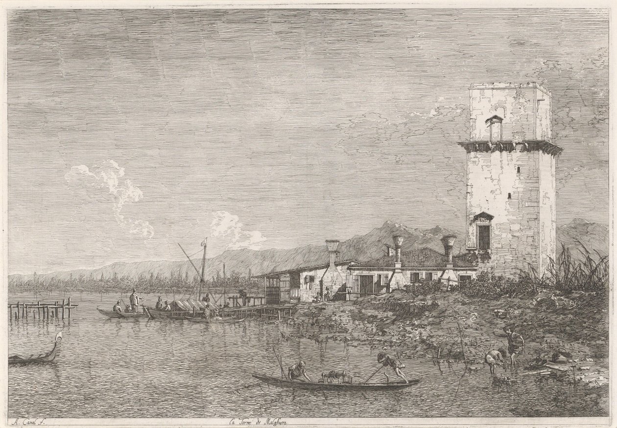 La Torre di Malghera Obličeje na existujících a vynalezených místech (název série) Vedute altre prese da i Luoghi altre ideate da Antonio Canal (název série) od Canaletto