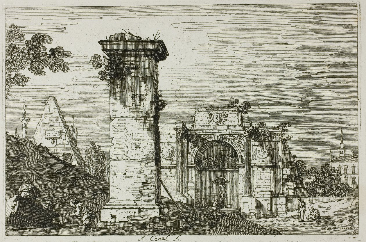 Krajina se zničenými památkami, z Vedute od Canaletto