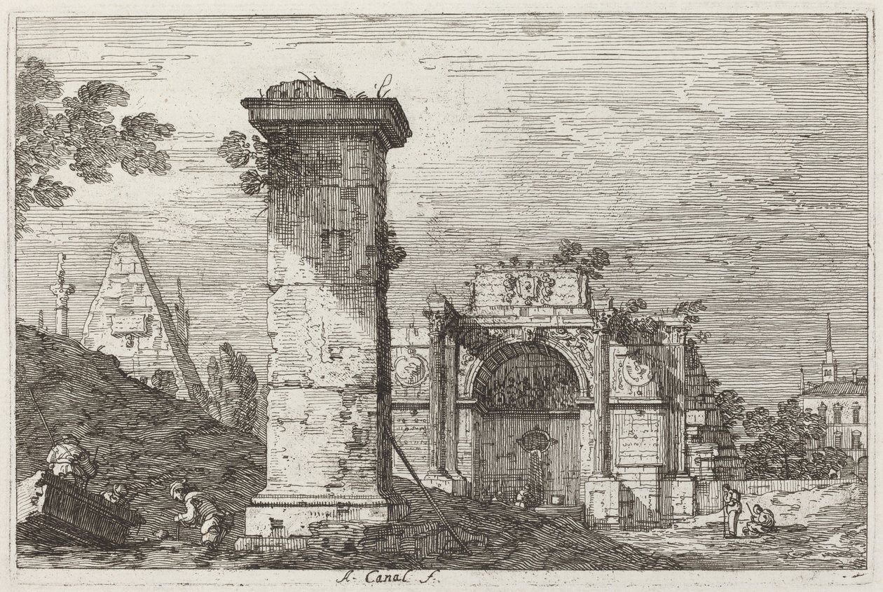 Krajina se zničenými památkami [vpravo] od Canaletto