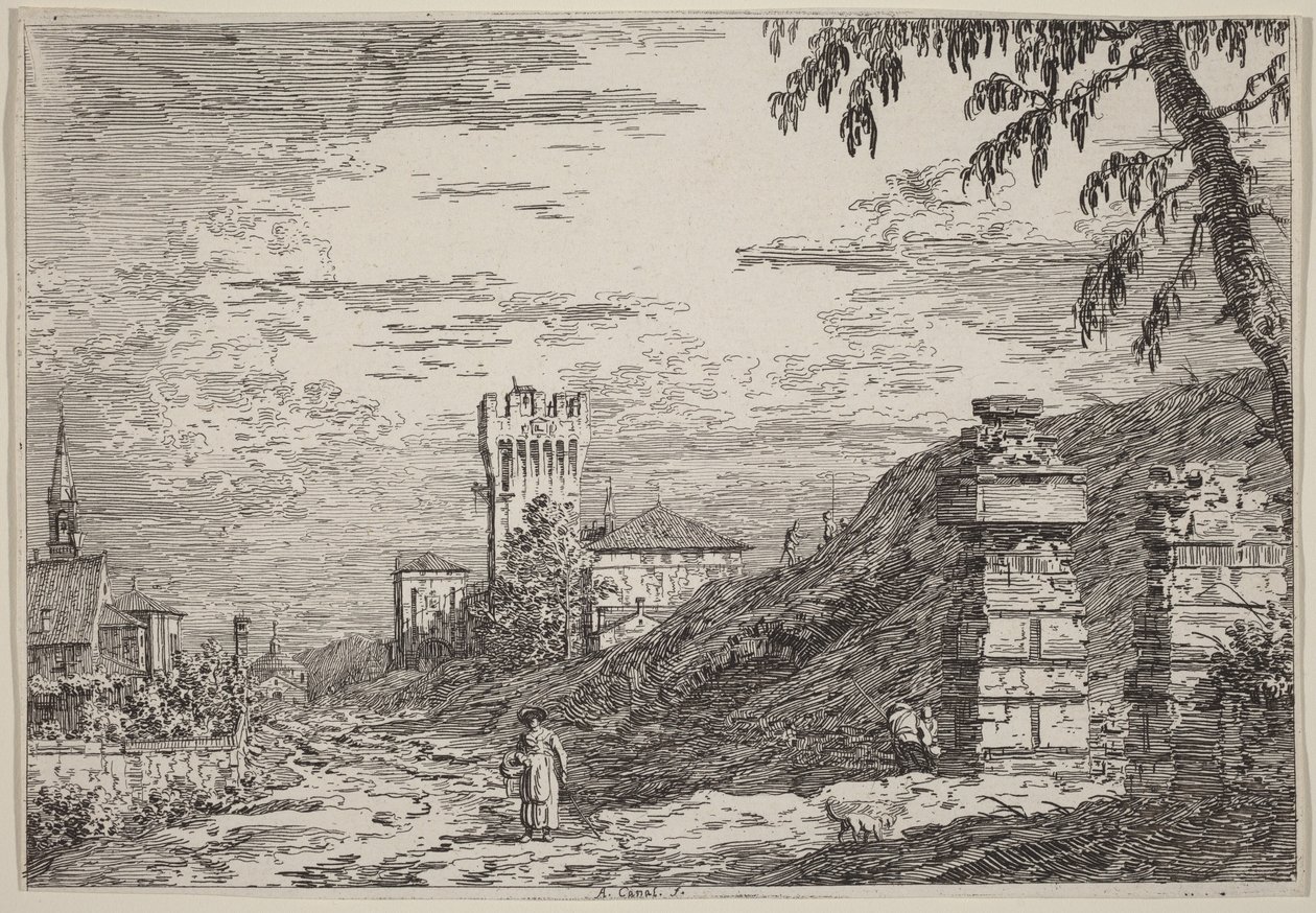 Krajina s věží a dvěma zřícenými sloupy od Canaletto