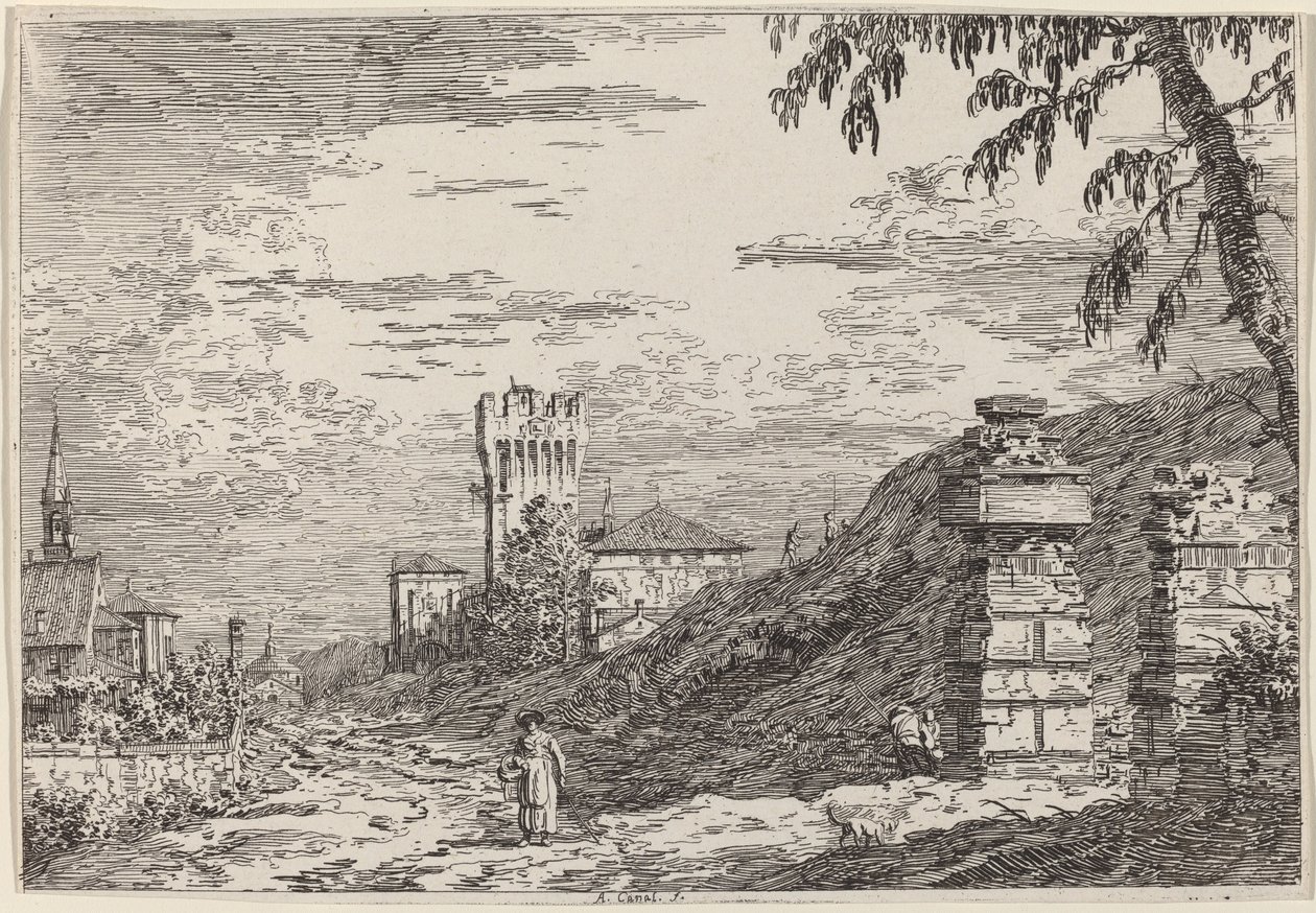 Krajina s věží a dvěma zničenými sloupy, c. 17351746. od Canaletto