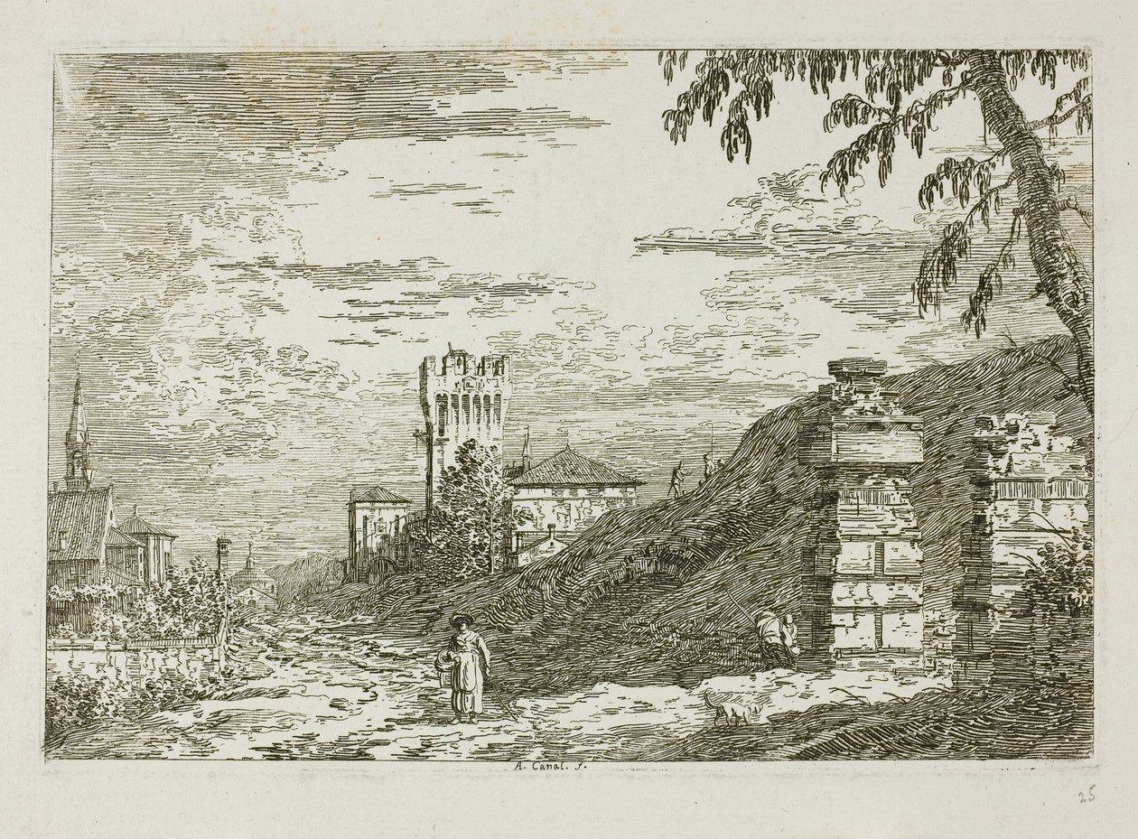 Krajina s věží a dvěma zničenými sloupy, z Vedute od Canaletto