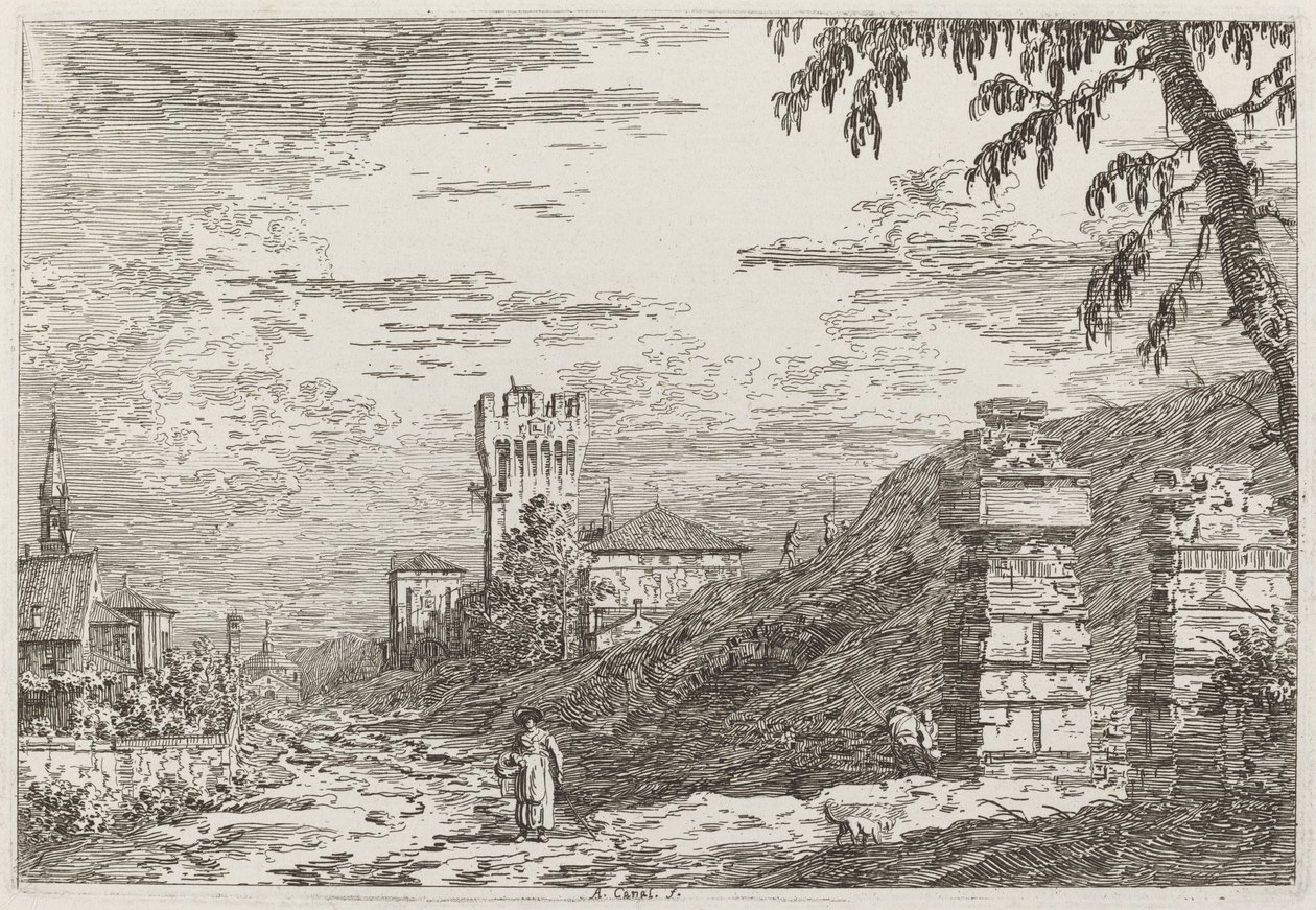 Krajina s věží a dvěma zničenými sloupy [vlevo] od Canaletto