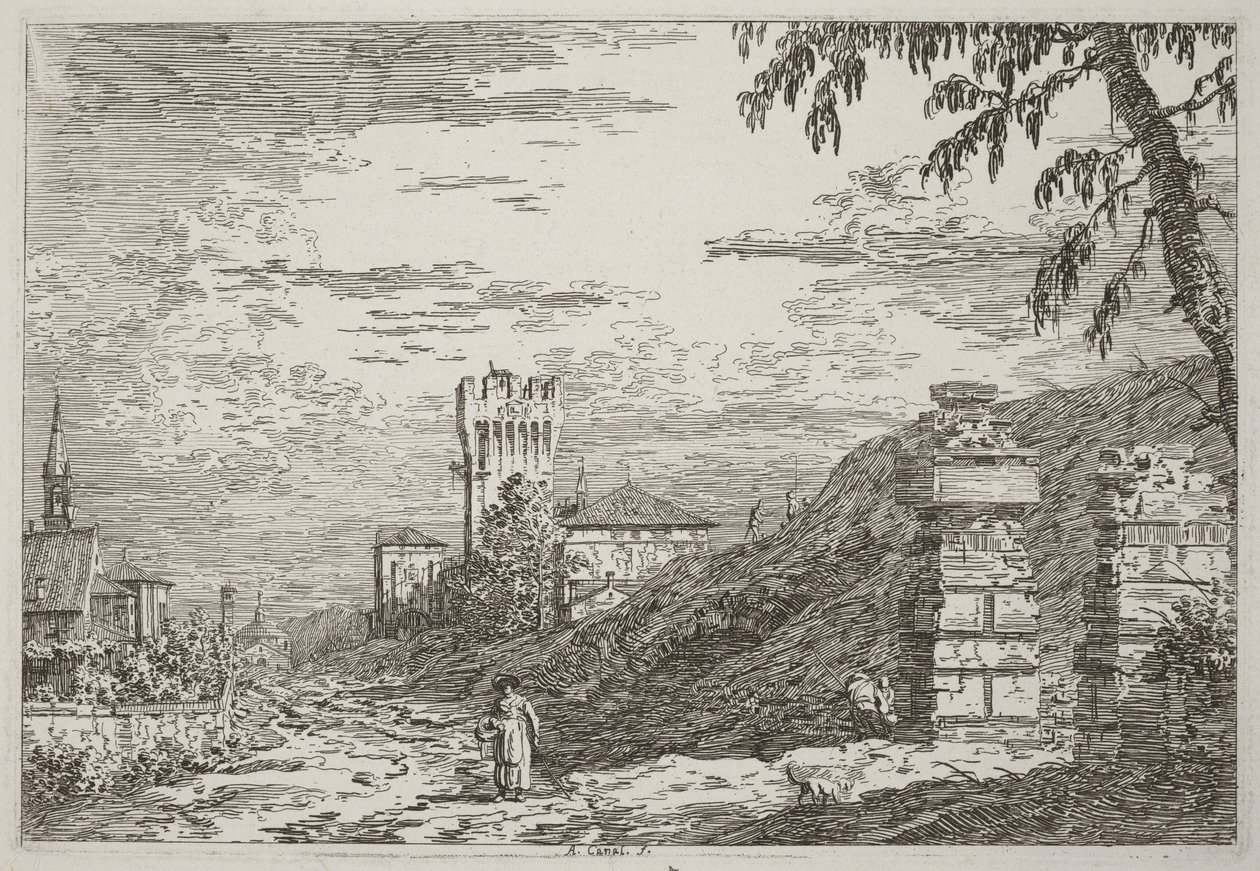 Krajina s věží a dvěma zřícenými sloupy [vlevo] od Canaletto