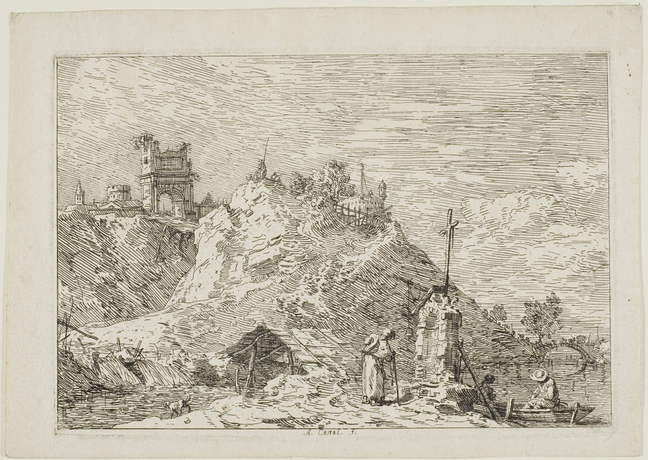 Krajina s poutníkem na modlitbě, z Vedute od Canaletto