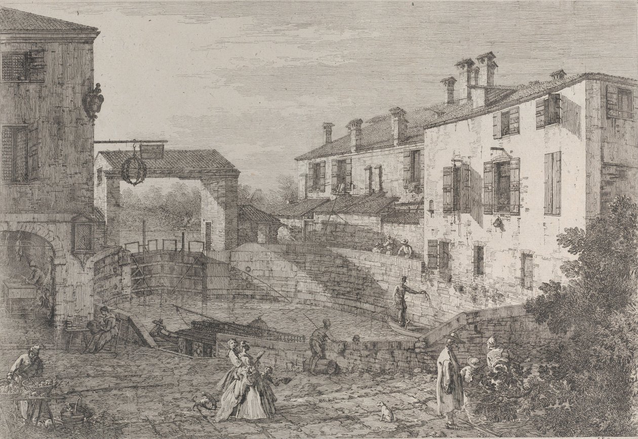 Le porte del Dolo: oválná pánev zdymadel v Dolo, s člunem kotvícím k nábřeží..., 1735-46. od Canaletto