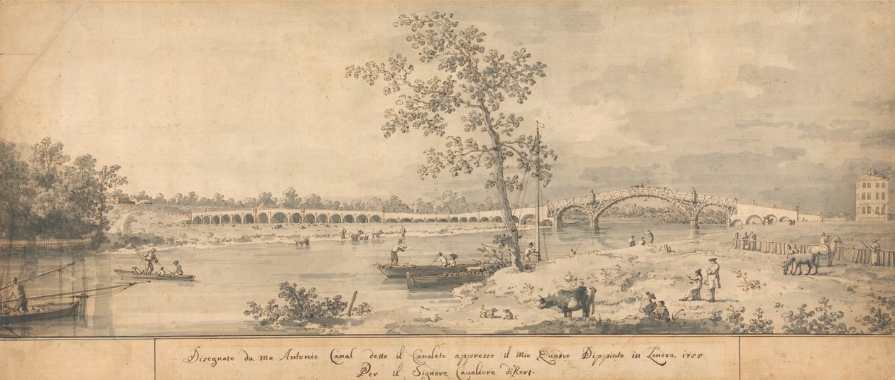 Starý Waltonský most při pohledu z pobřeží Middlesexu od Canaletto