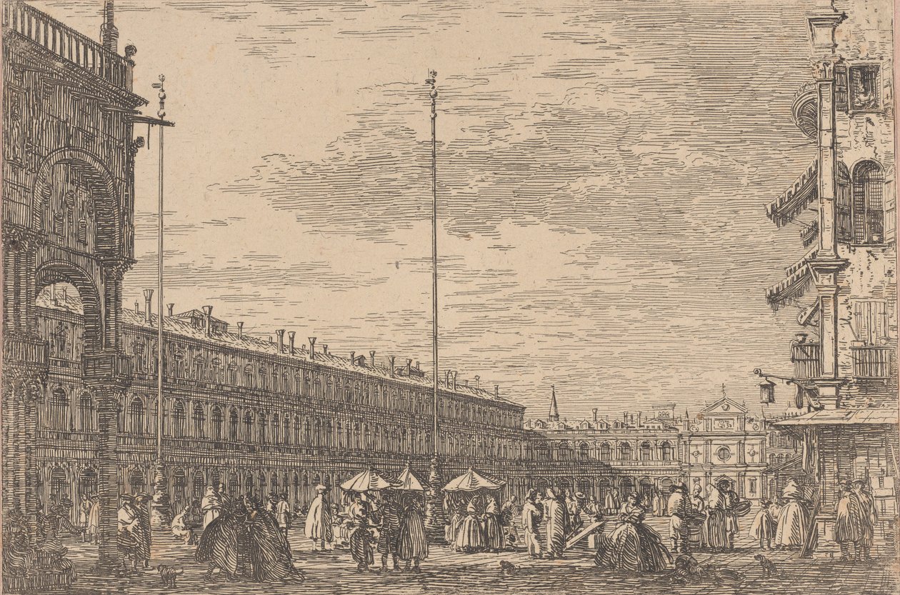 Piazza San Marco s Procuratie Nuove vlevo a kostelem San Geminiano ..., 1735-46. od Canaletto