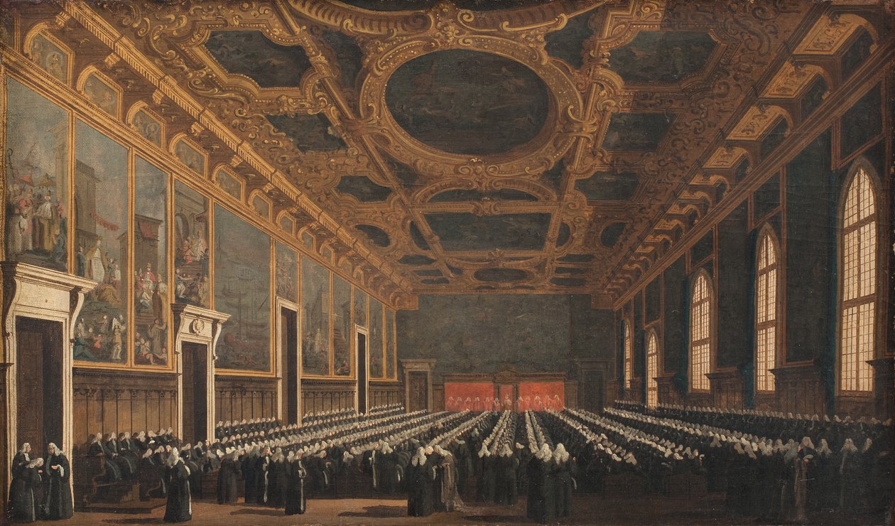 Dóžecí a velká rada v Sala del Maggior Consiglio od Canaletto