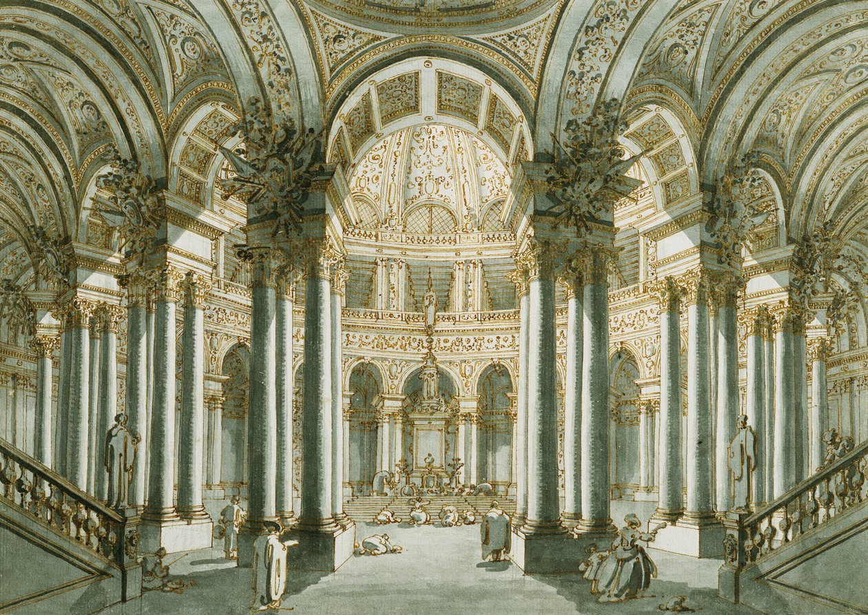 Interiér kostela s postavami při modlitbě, od Giovanni Antonio Canal