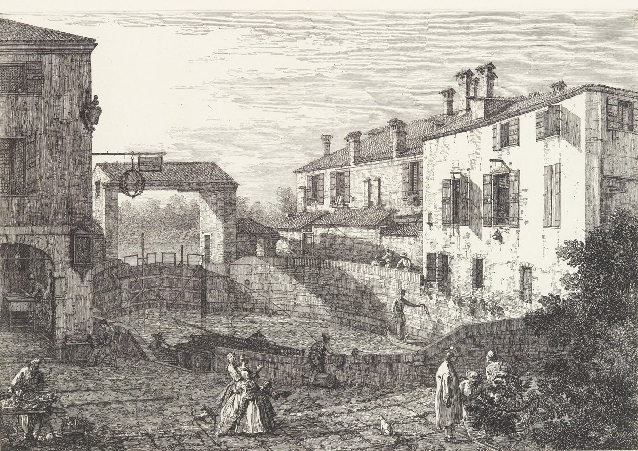 Zdymadla v Dolo, oválná pánev s loděmi uprostřed, budovami po obou stranách,..., 1735-46. od Canaletto