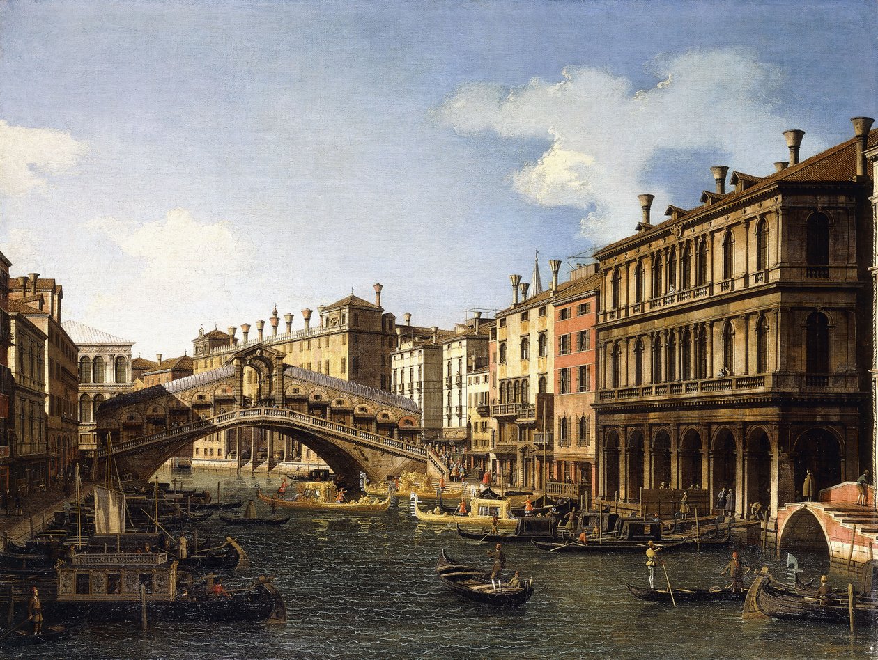 Most Rialto, Benátky, z jihu s naloděním prince Saska během jeho návštěvy v roce 1740, od Giovanni Antonio Canal