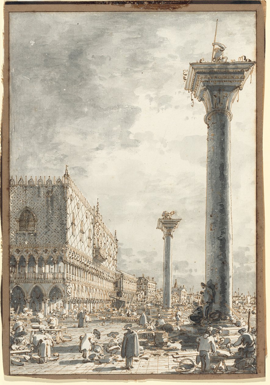 Riva degli Schiavoni při pohledu z trhu u mola od Canaletto
