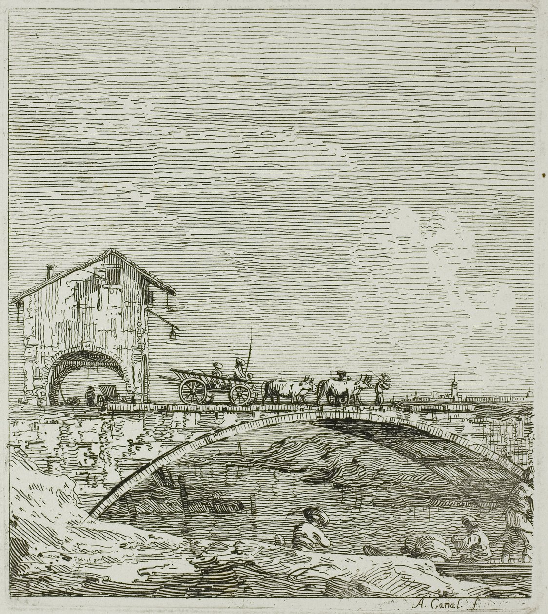 Vůz projíždějící přes most, z Vedute od Canaletto