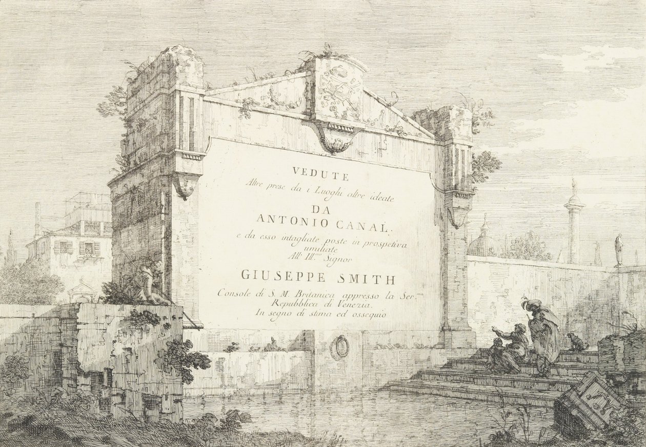 Titulní list s velkou zdí klasické zříceniny, s postavou sedící vpravo v..., 1735-46. od Canaletto