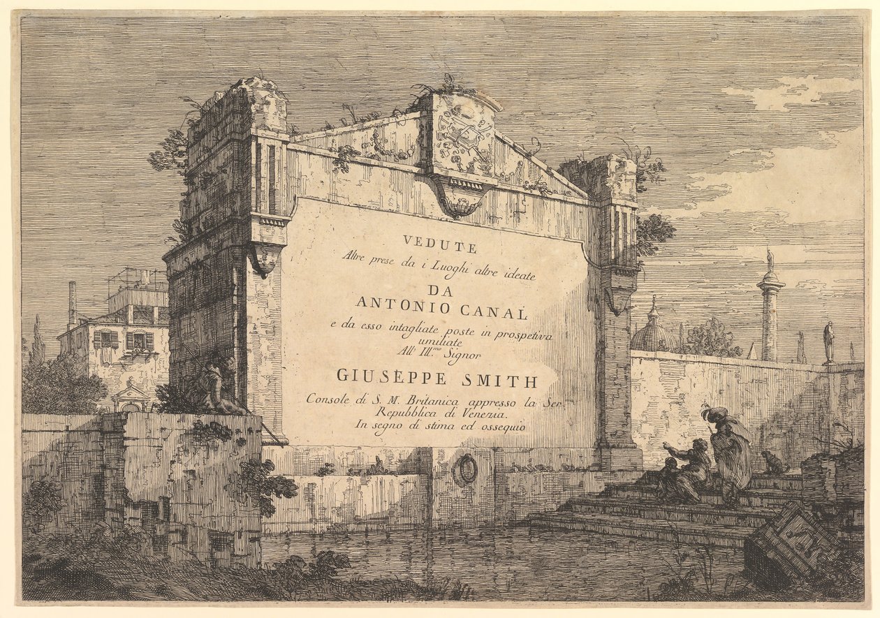 Titulní deska Pohledů jiných převzata z míst jinak koncipovaných, s názvem a publikací ..., 1735-46. od Giovanni Antonio Canal