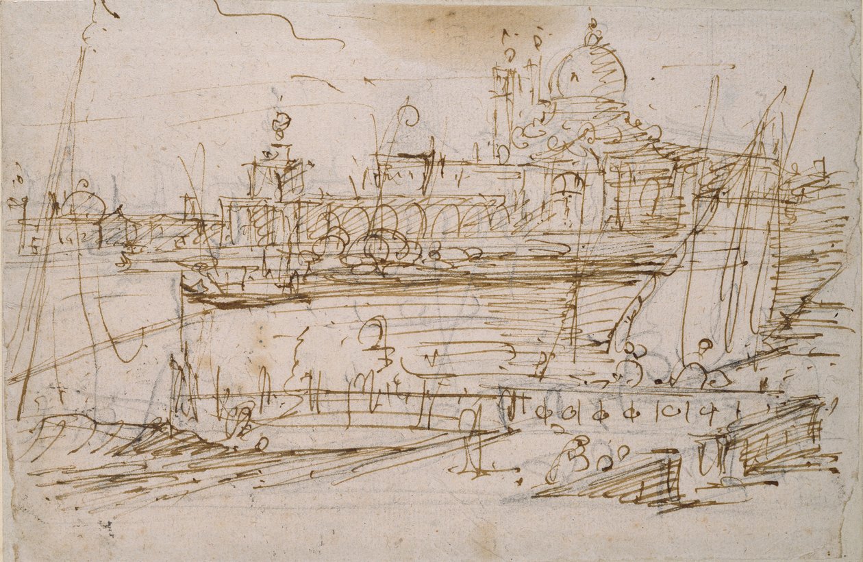 Benátky: Dogana a S. Maria della Salute z Molo di Terranova, polovina 18. století od Canaletto