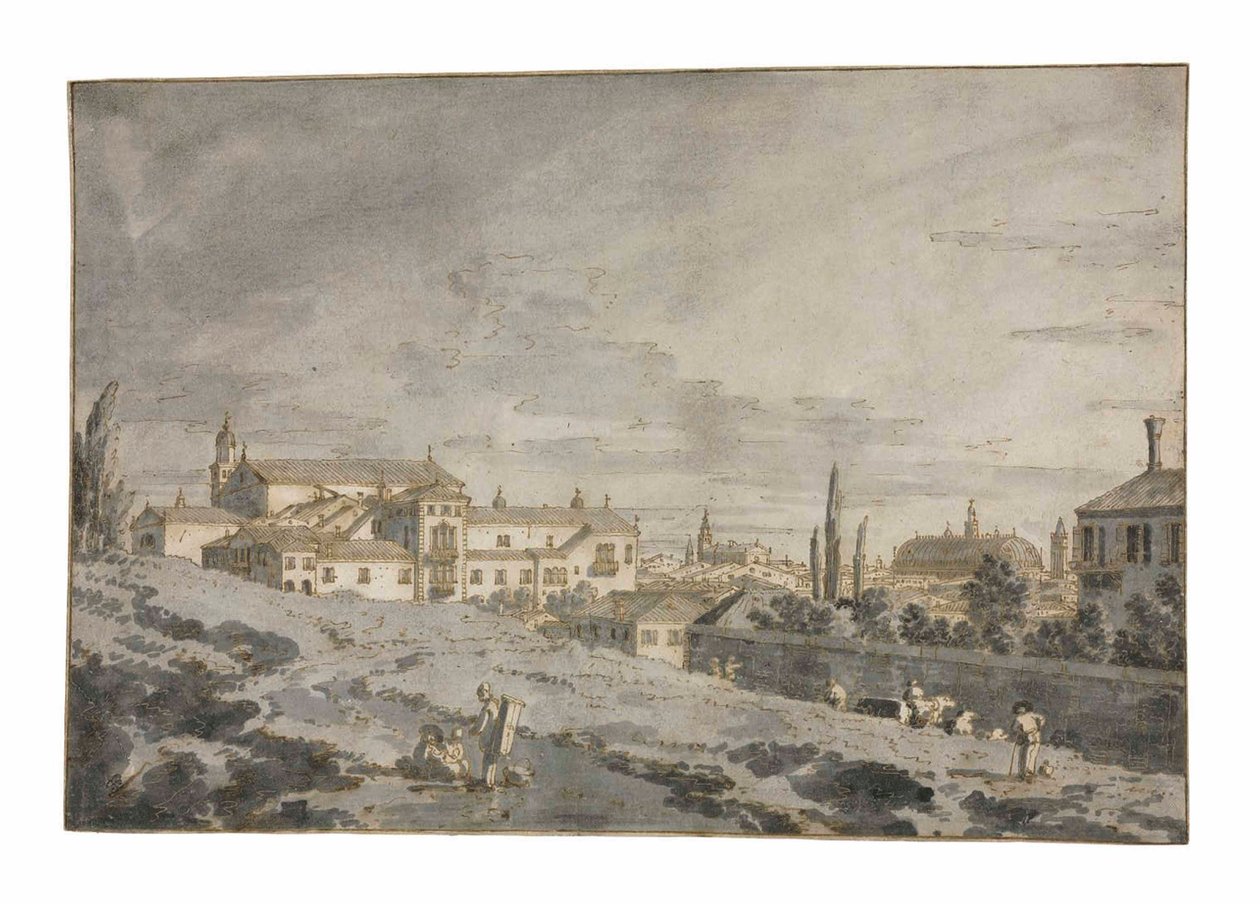 Pohled na Padovu zvenčí městských hradeb s kostelem San Francesco od Giovanni Antonio Canal