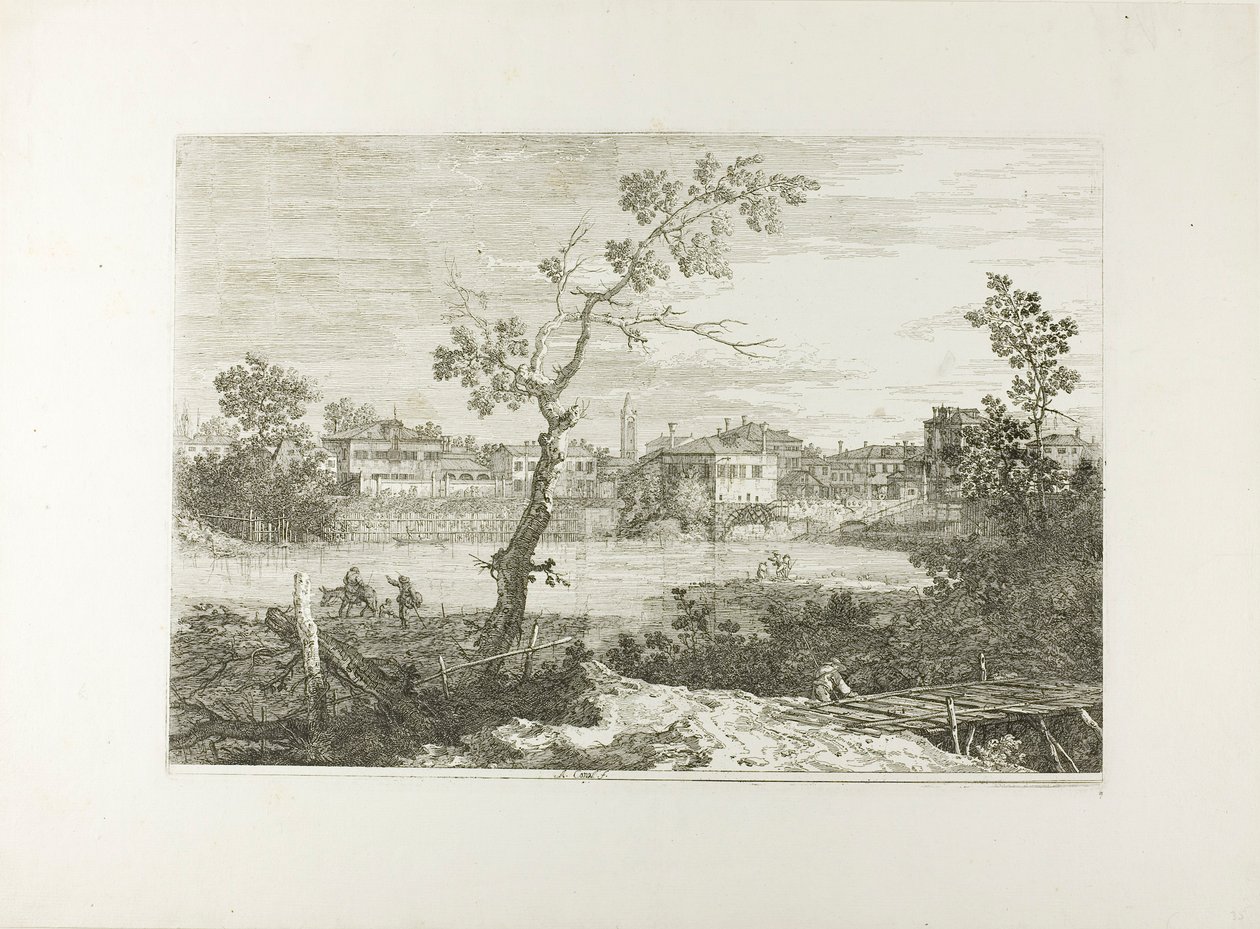 Pohled na město na břehu řeky, z Vedute od Canaletto