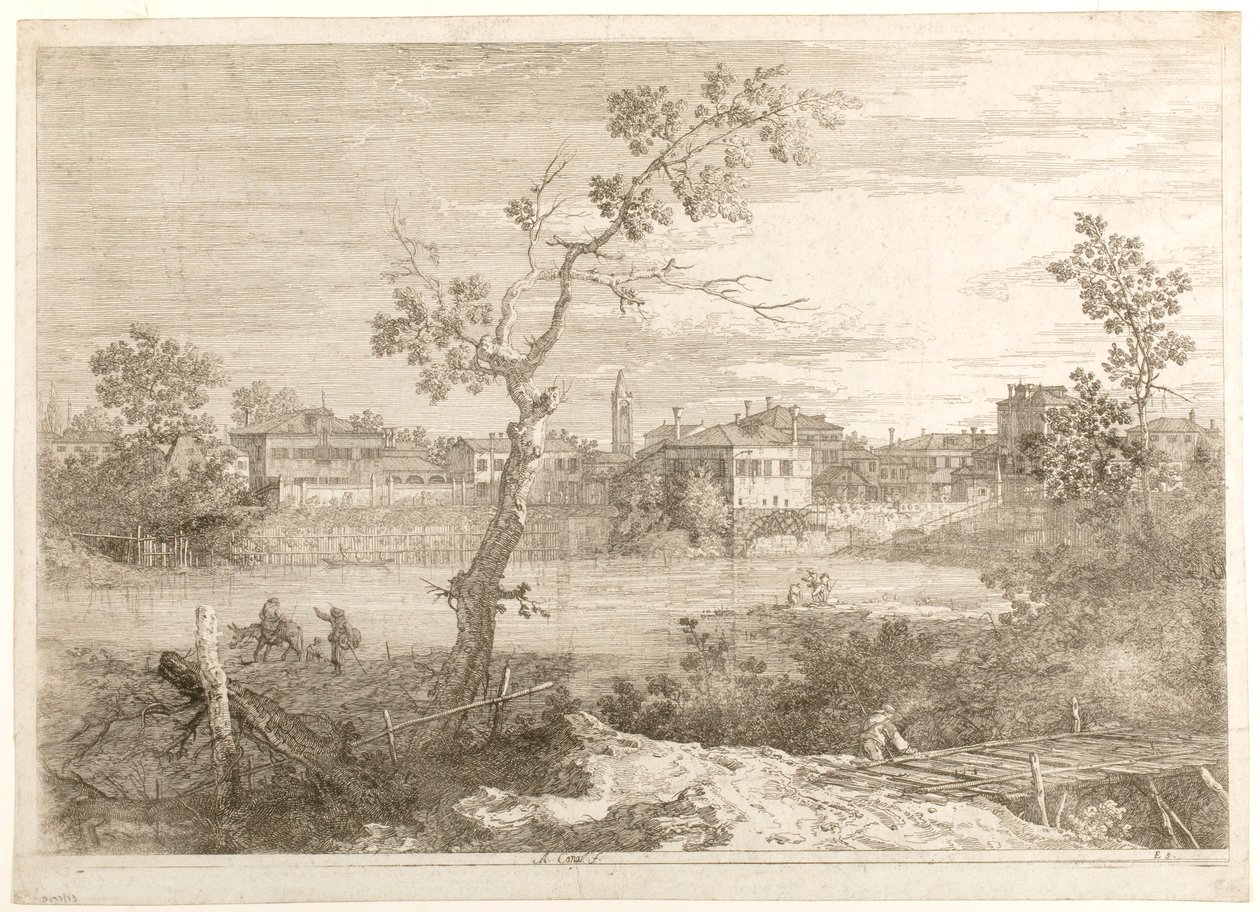 Pohled na město na břehu řeky, ze série „Pohledy“ od Canaletto