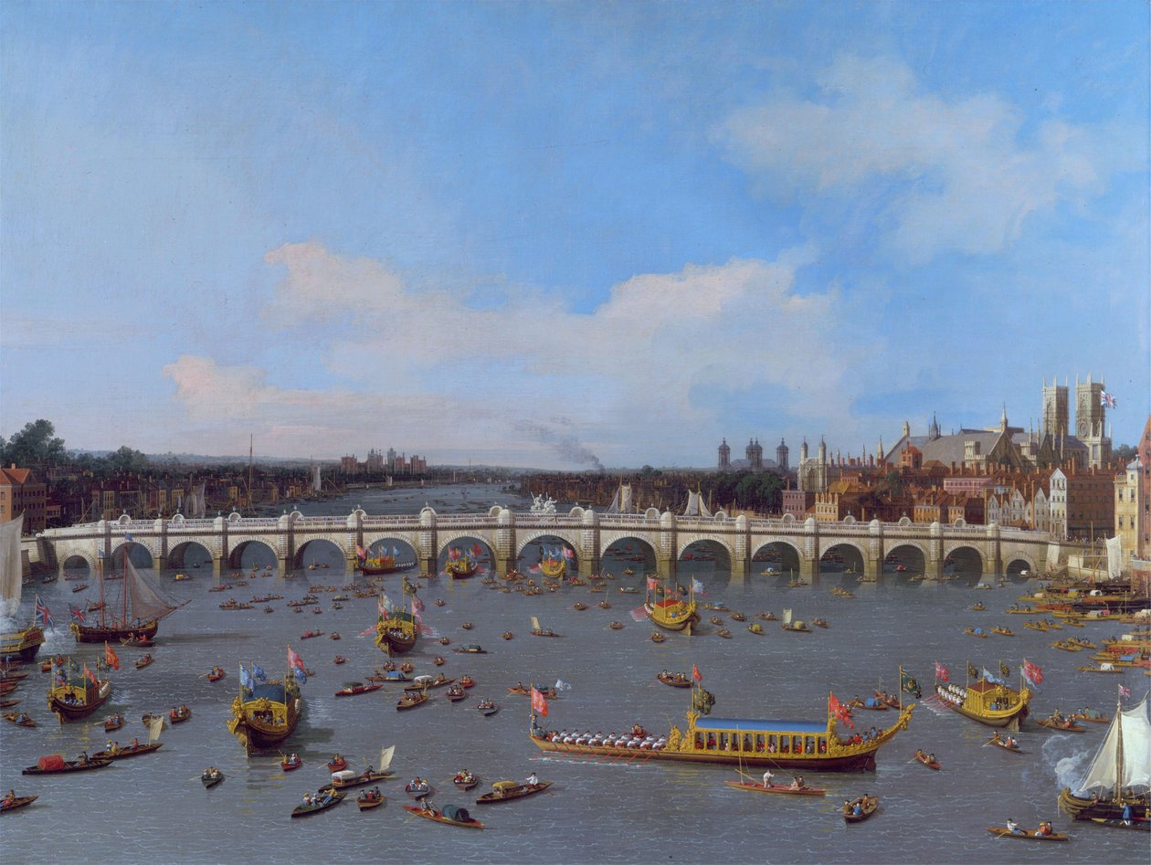 Westminsterský most s průvodem primátora na Temži od Giovanni Antonio Canal