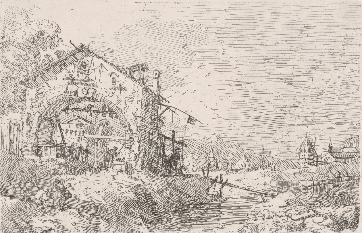 Žena čerpající vodu ze studny pod podloubím vlevo, s krajinou vpravo, 1..., 1717-68. od Canaletto
