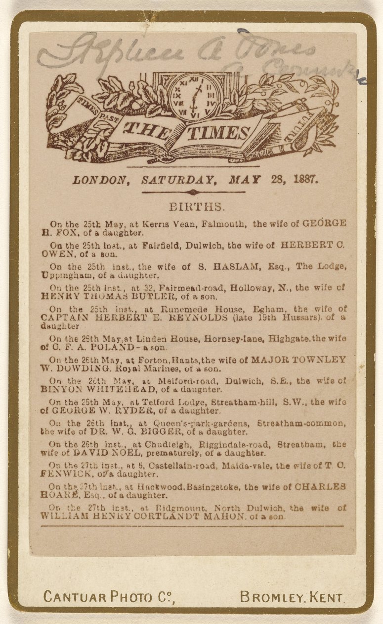 [stránka s oznámením o narození z listu "The Times", Londýn, sobota 28. května 1887] od Cantuar Photographic Company