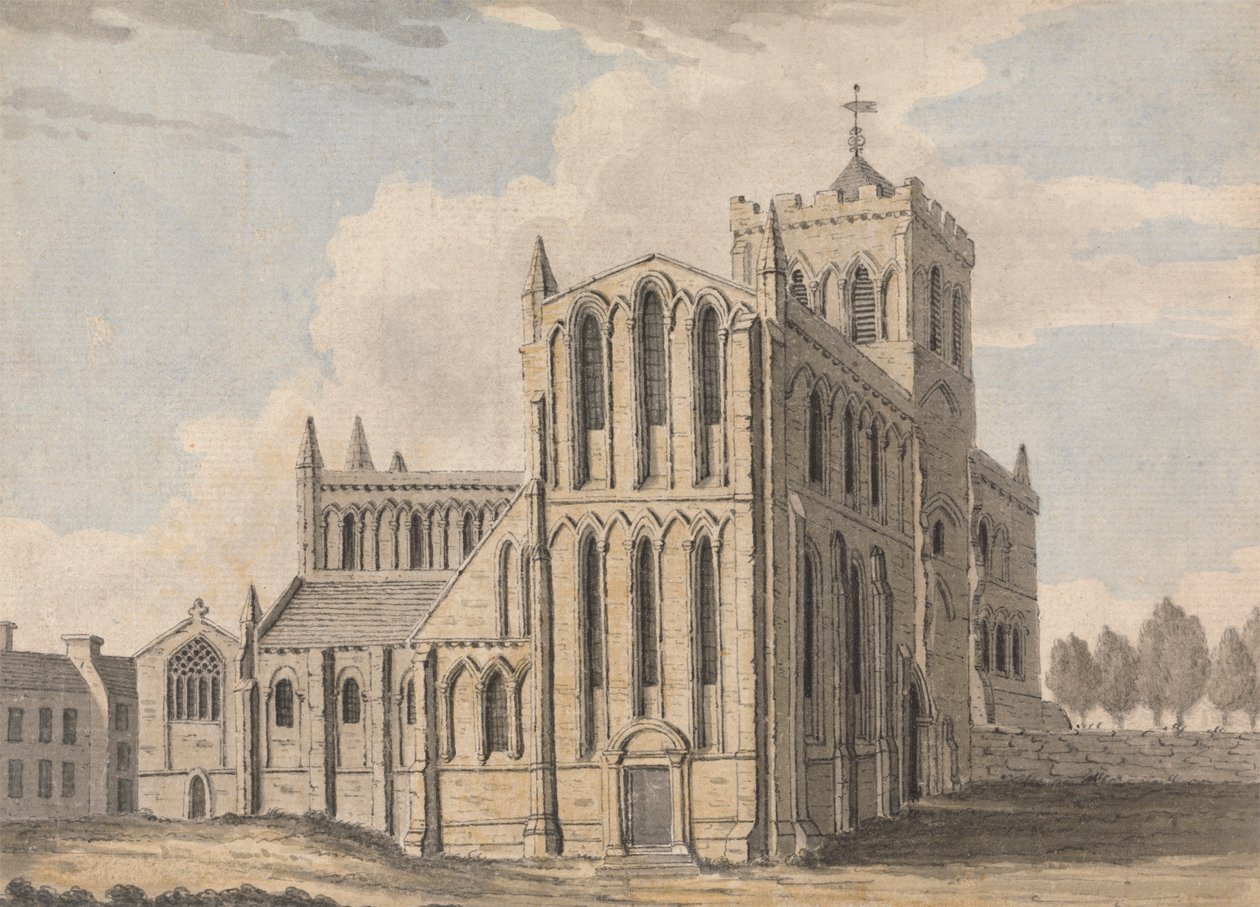 Severozápadní pohled na Castle Church, Hexham, Northumberland od Capt. Francis Grose