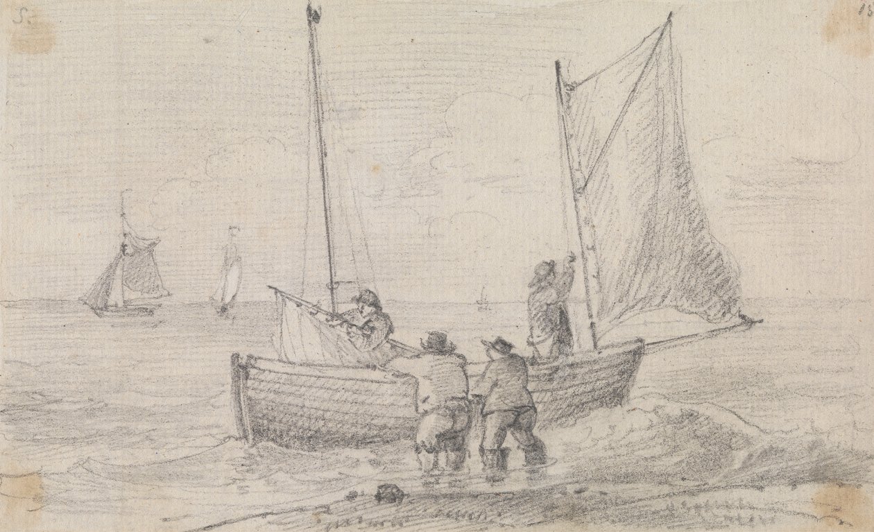 Náčrt skupiny připravující plachty poblíž pobřeží, Hastings od Capt. Thomas Hastings