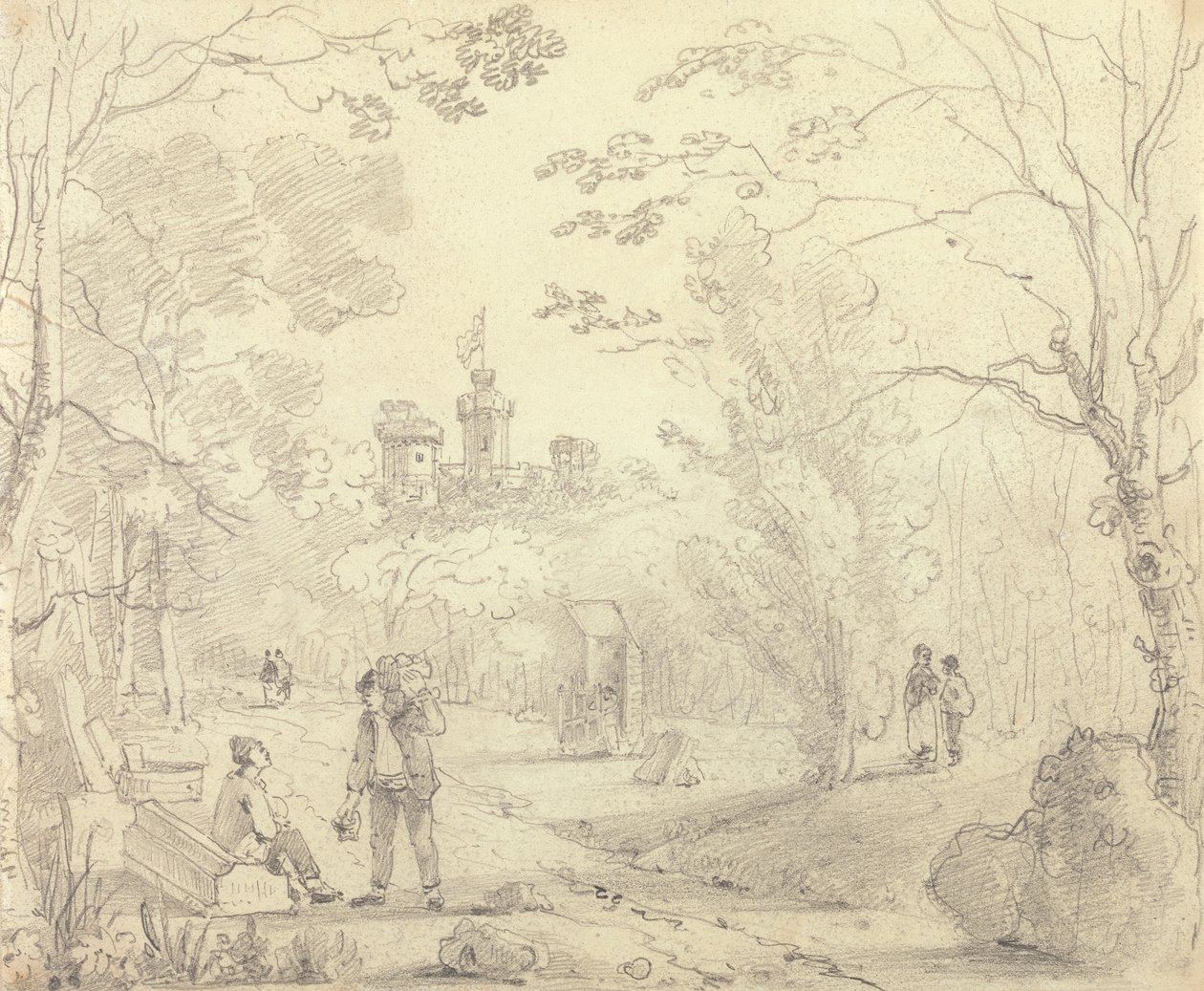 Náčrt parkové scény s hradem East Cowes v dálce, Isle of Wight od Capt. Thomas Hastings