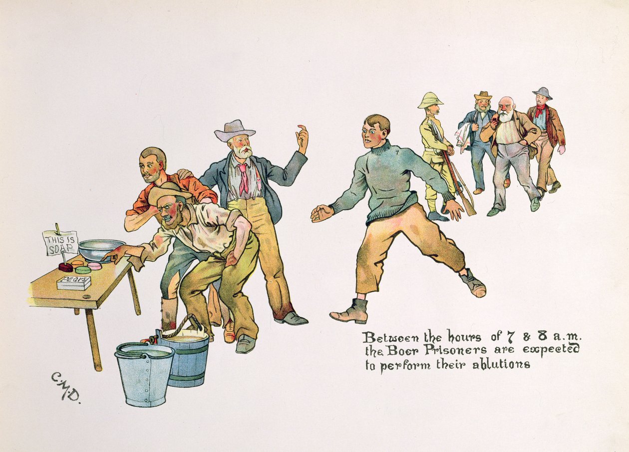 "Mezi 7 a 8 hodinou se očekává, že búrští vězni budou provádět omývání" z "The Leaguer of Ladysmith", 1900 od Captain Clive Dixon