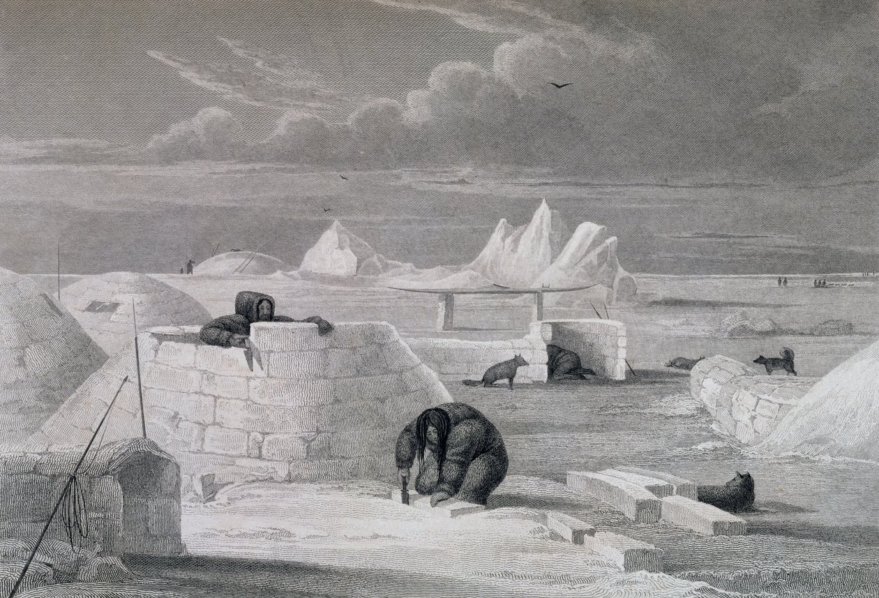 Esquimaux staví sněhovou chatrč, z „Journal of the Second Voyage for Discovery of North West Passat from Atlantic to Pacifik provedené v letech 1821-22-23“ od Williama Edwarda Parryho (1 od Captain George Francis Lyon