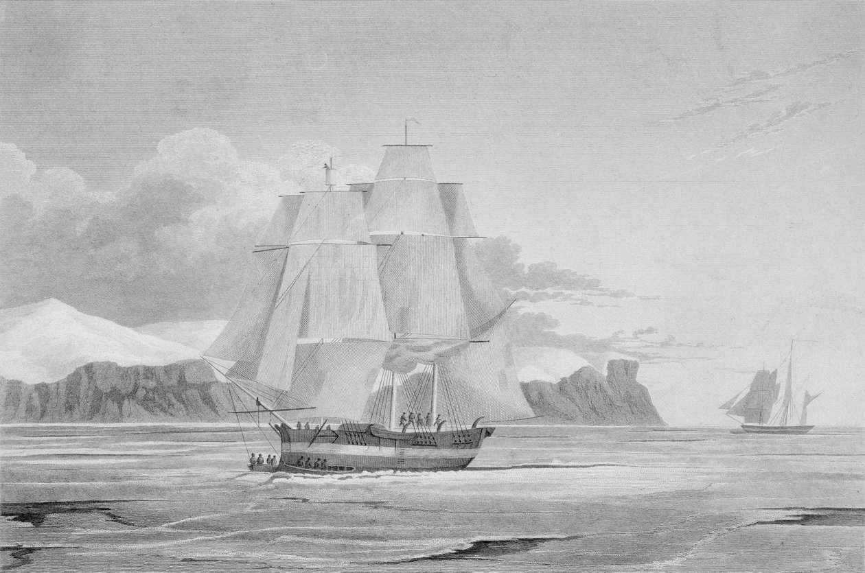 Plavba mladým ledem, září 1824, z „Journal of the Third Voyage for the Discovering of North West Passat from Atlantic to Pacifik“ provedené v letech 1824-25 v H.M.