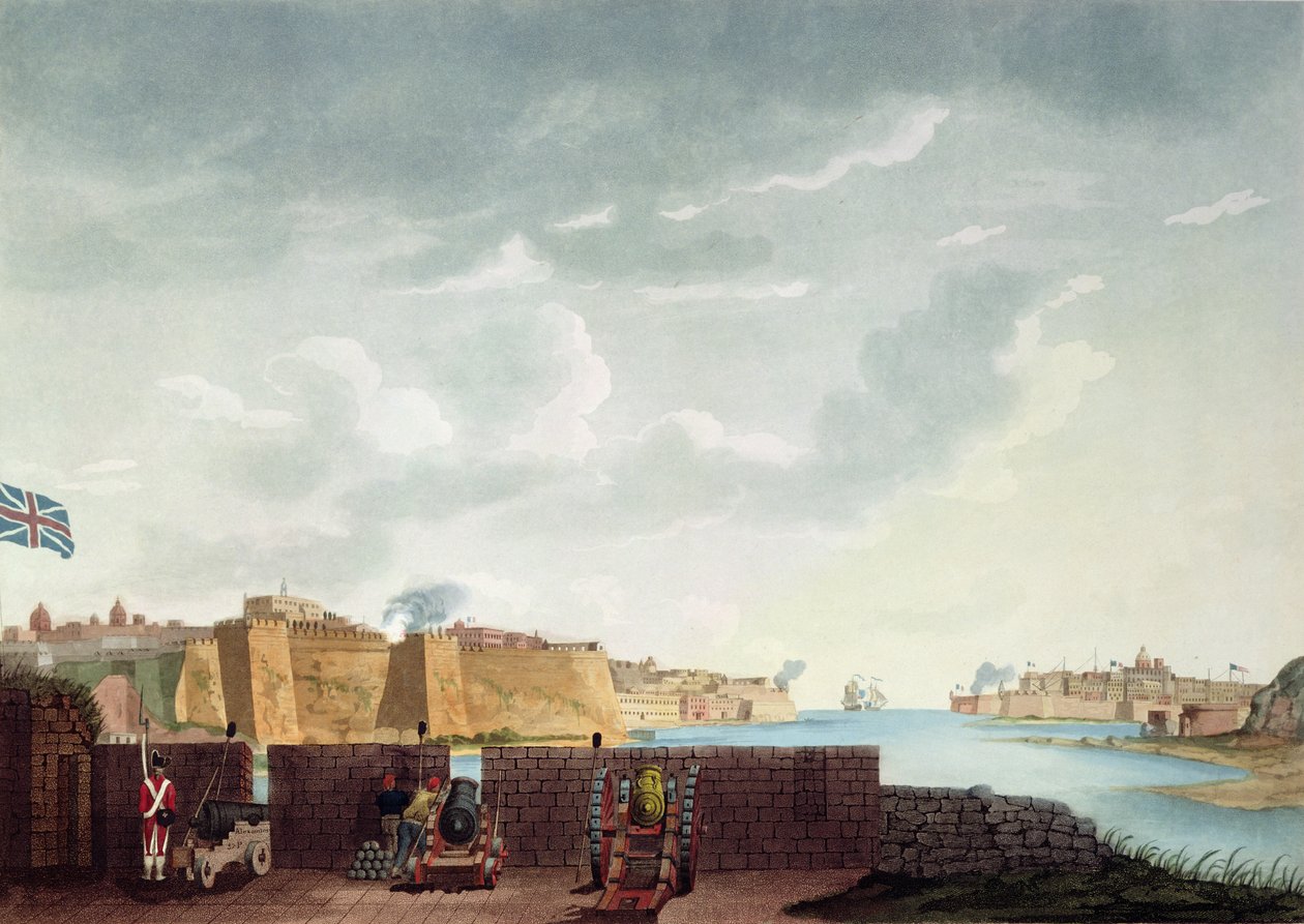 Pohled na La Vallettu během obléhání roku 1800, vyrytý Francis Chesham, 1803 od Captain James Weir