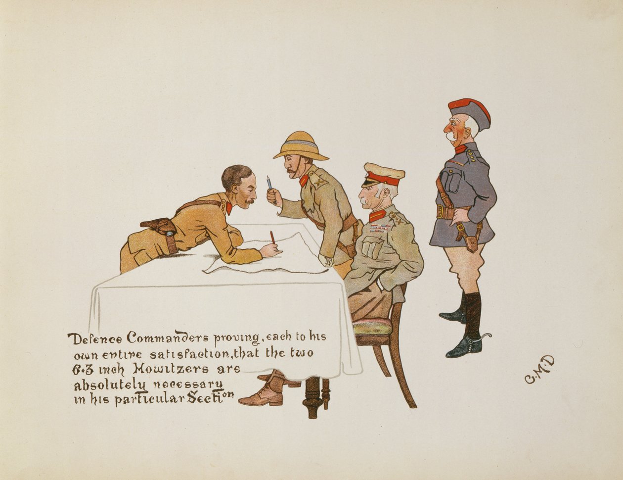 Velitelé obrany dokazující, že dva 6,3palcové houfnice jsou absolutně nezbytné v jeho konkrétní sekci, z The Leaguer of Ladysmith, 1900 od Captain Clive Dixon
