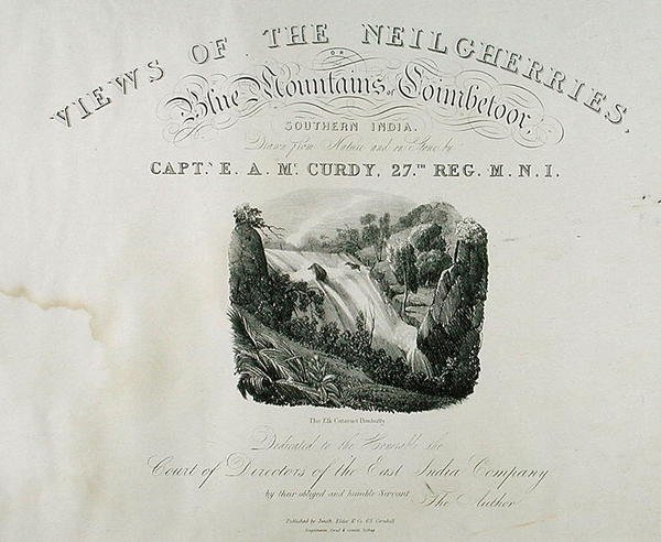 Elk Cataract, Dimhutty, titulní strana pro View of the Neilgherries, nebo Blue Mountains of Coimbetoor, Southern India od kapitána McCurdyho, vydáno 1830 od Captain E. A. after McCurdy