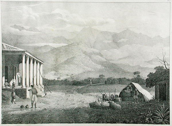 Seremoogy, nebo Streemoogy, Pass, Neelgherry Mountains, deska 1 z View of the Neilgherries nebo Blue Mountains of Coimbetoor, jižní Indie od kapitána McCurdyho, publikováno 1830 od Captain E. A. after McCurdy