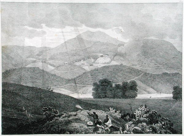 Pohled na část jezera a chaty v Ottacamundu, Neelgherry Mountains, deska 3 z View of the Neilgherries nebo Blue Mountains of Coimbetoor, jižní Indie od kapitána McCurdyho, publikováno 1830 (li od Captain E. A. after McCurdy
