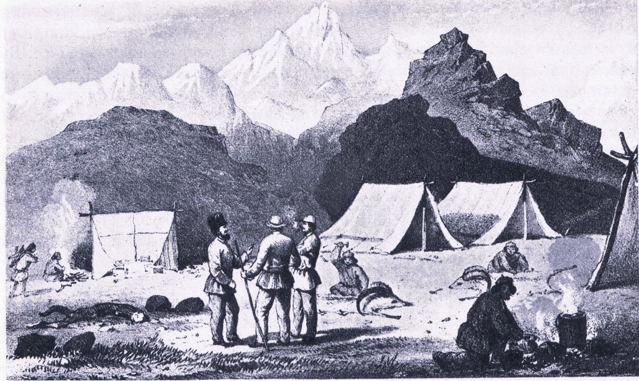 Camp in the Himalayas, from British Adventure vydané Collinsem od Captain E. P. Campbell