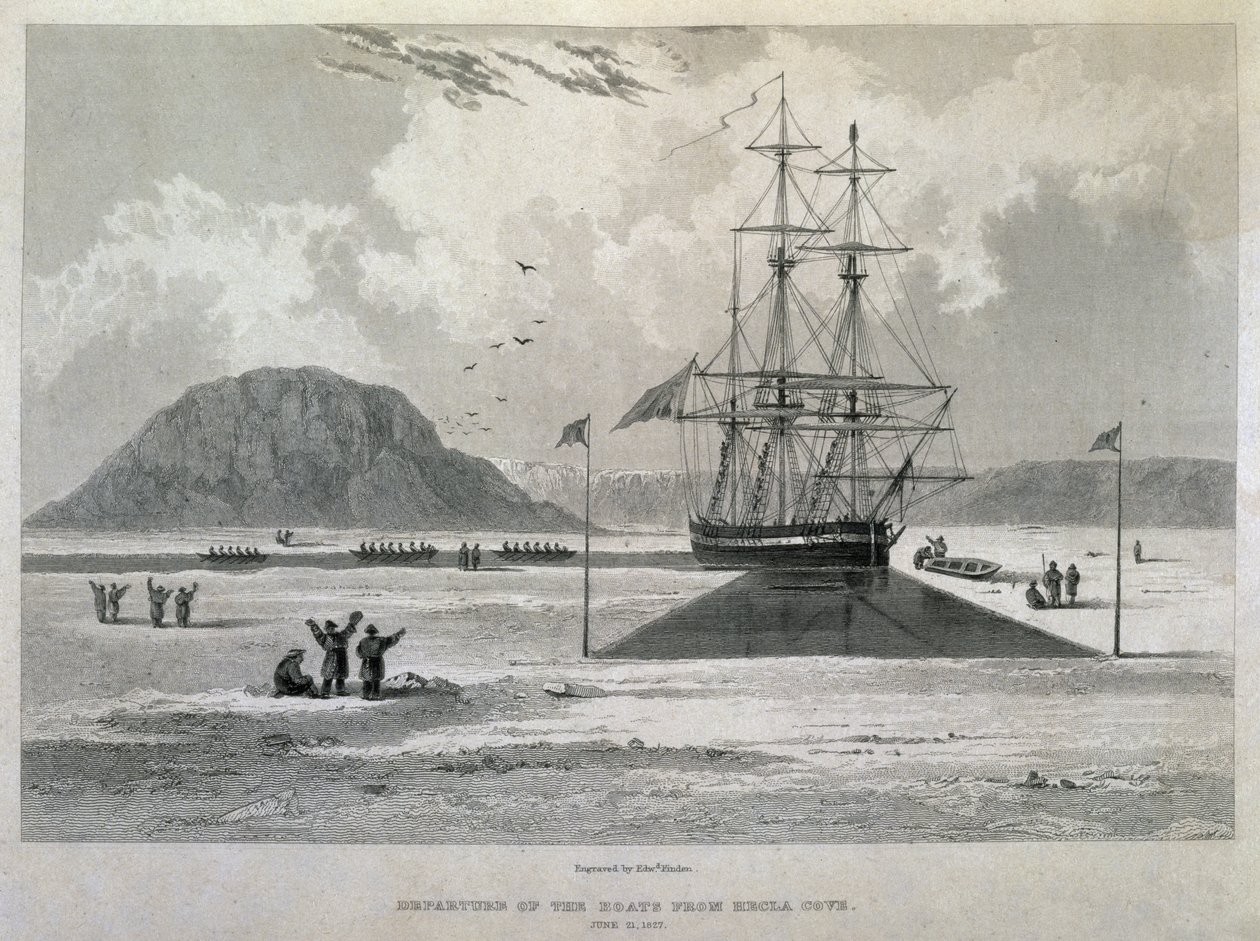Odjezd člunů z Hecla Cove, 21. června 1827, z Journal of a Third Voyage for Discovery severozápadní plavby z Atlantiku do Pacifiku provedené v letech 1824-25 v H.M.s. od Captain George Francis Lyon