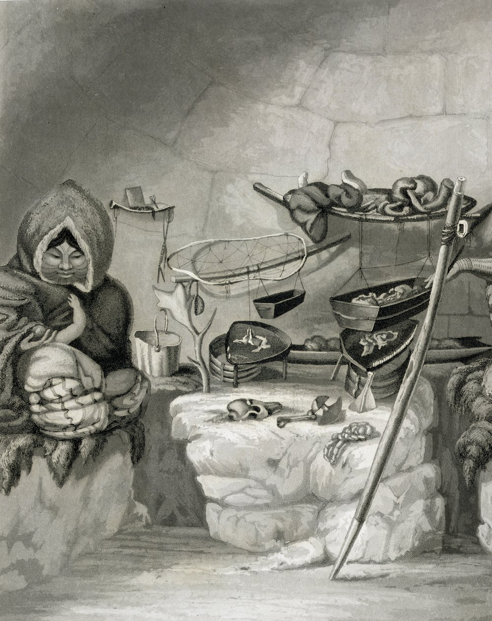 Interiér eskymácké sněhové chýše, Winter Island 1822, vyrytý hospodou Edwardem Francisem Findenem (1791-1857). John Murray, 1824 od Captain George Francis Lyon