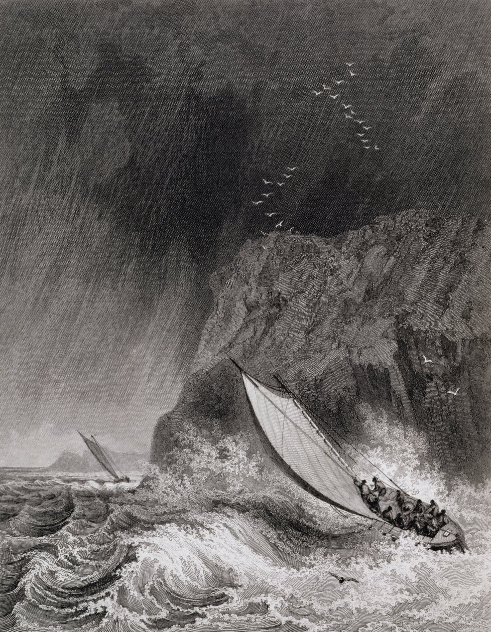 Lodě u ostrova Walden ve sněhové bouři, 12. srpna 1827, z časopisu Journal of a Third Voyage pro objev severozápadní plavby z Atlantiku do Pacifiku provedené v letech 1824-25 od Captain George Francis Lyon