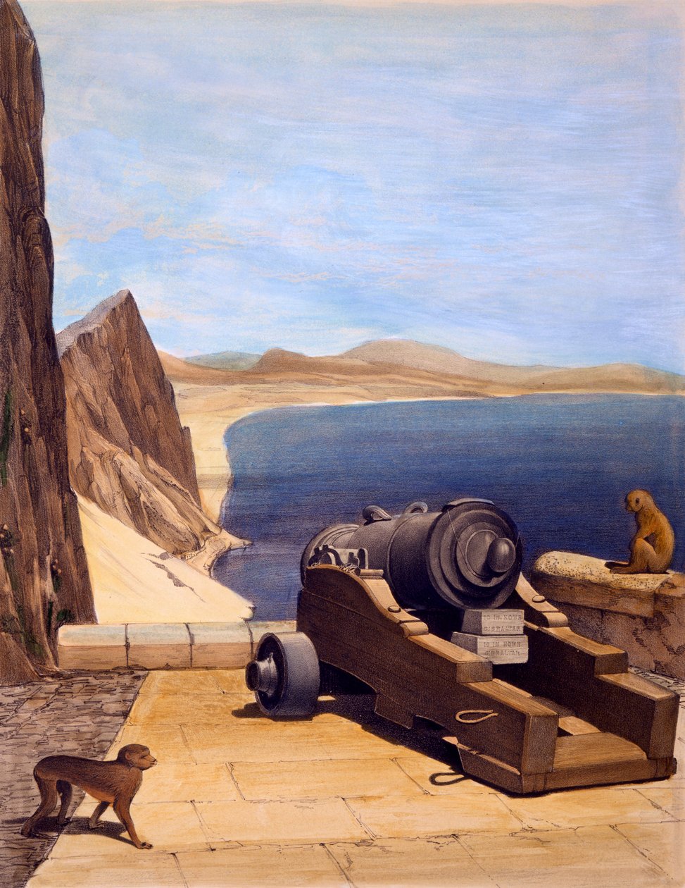 Středomořská baterie, Gibraltar, tisk vytvořil TC Dibdin, z Select Views of the Rock and Fortress of Gibraltar, vydáno 1846 od Captain J. M. Carter