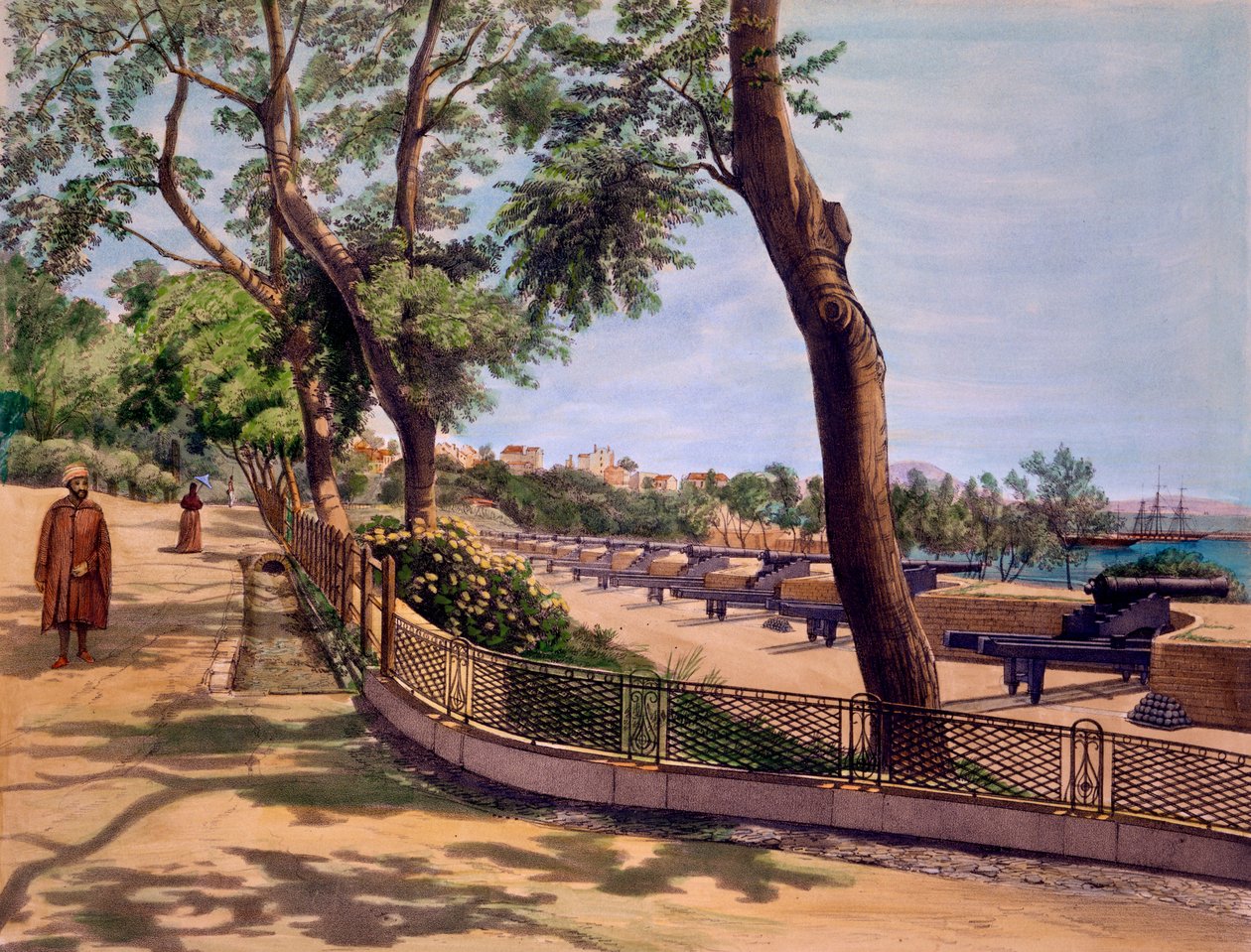 The Victoria Battery, Gibraltar, tisk vytvořil TC Dibdin, z „Select Views of the Rock and Fortress of Gibraltar“, vydaného v roce 1846 od Captain J. M. Carter